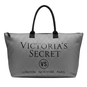 Victoria's Secret Silver Glitter Tote Bag London New York Paris Weekender Zip